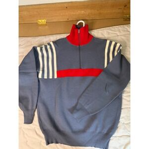 VTG Ski Sweater Mens L Blue Red 1/4 Zip 100% Wool Mother Karin's 8Os Warm Knit